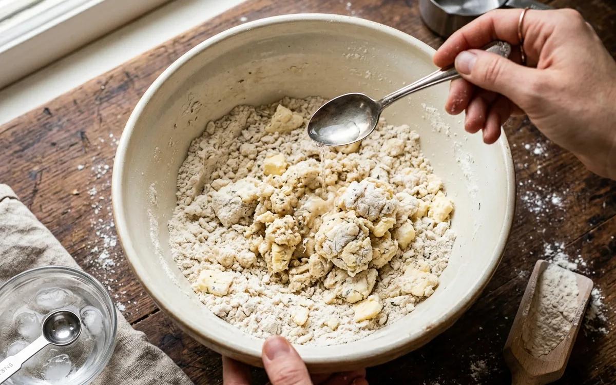 Step 2: Add ice water one tablespoon at a time until the dough just