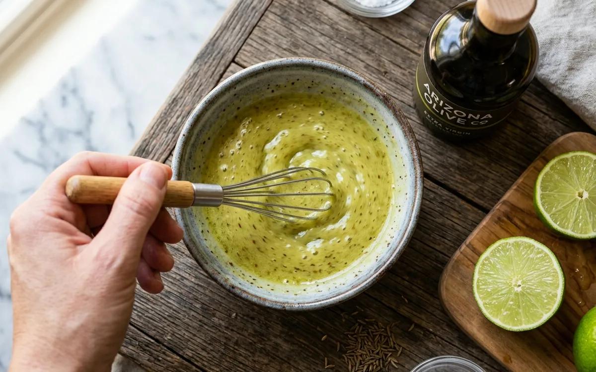 Step 1: Whisk together the olive oil, lime juice, cumin, and salt in