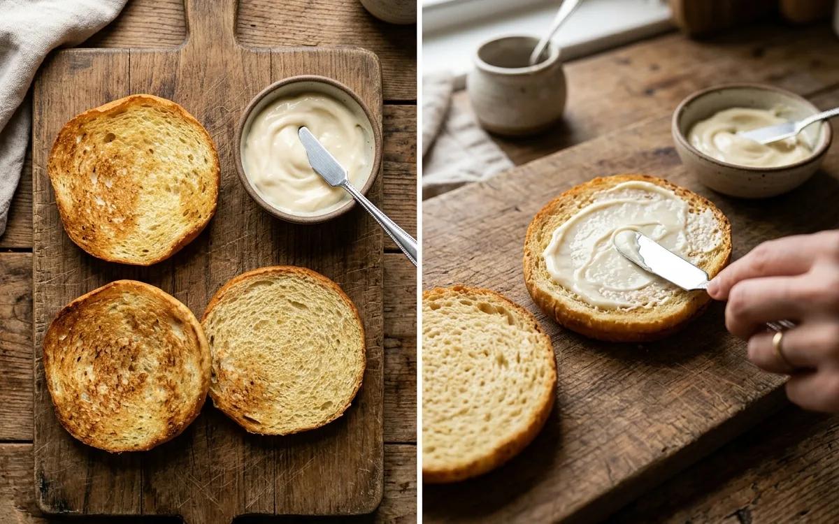 Step 6: Spread a thin layer of light mayonnaise on each bun.