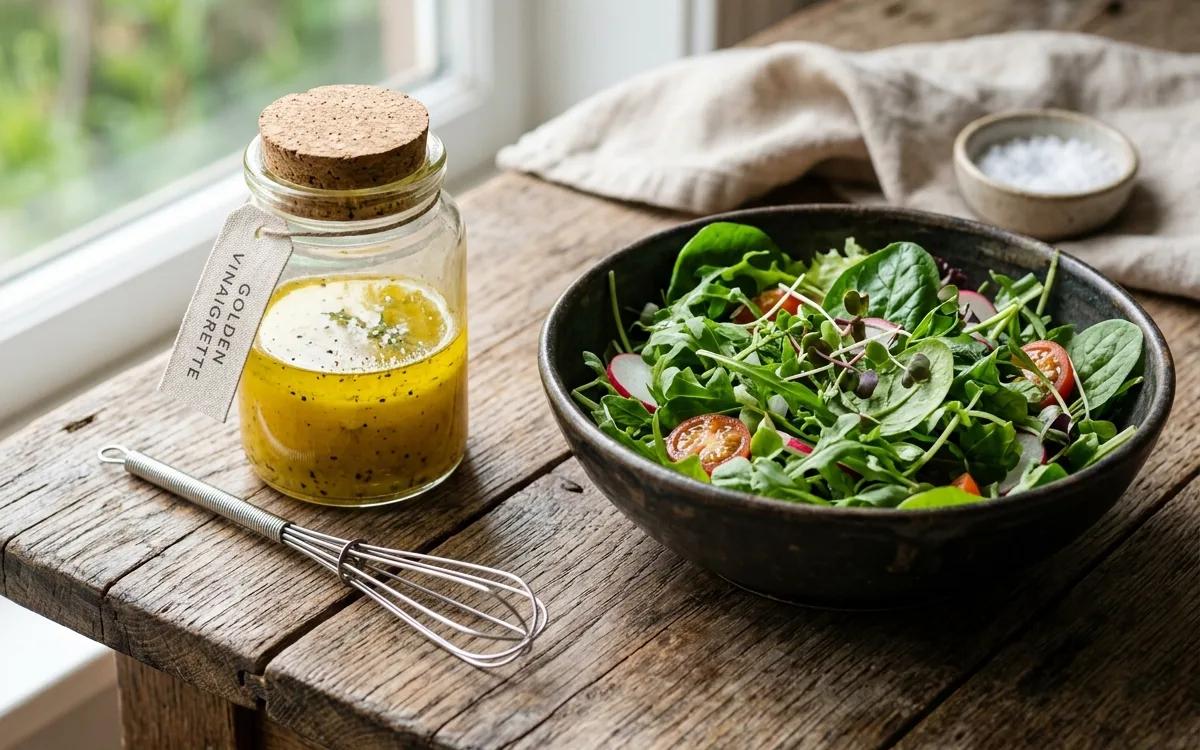 Homemade apple cider vinegar substitute dressing in a glass jar next to fresh salad greens.