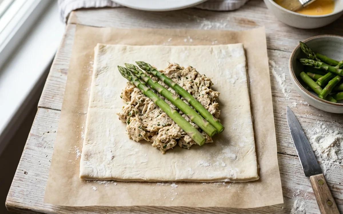 Step 5: Top each chicken mound with 3 to 4 asparagus spears, trimmin