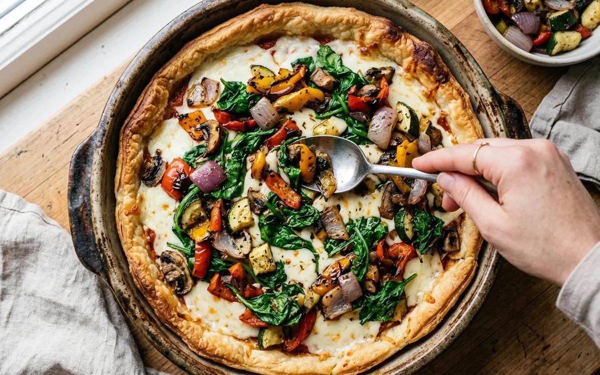 Step 6: Spread the roasted vegetables and spinach over the cheese.