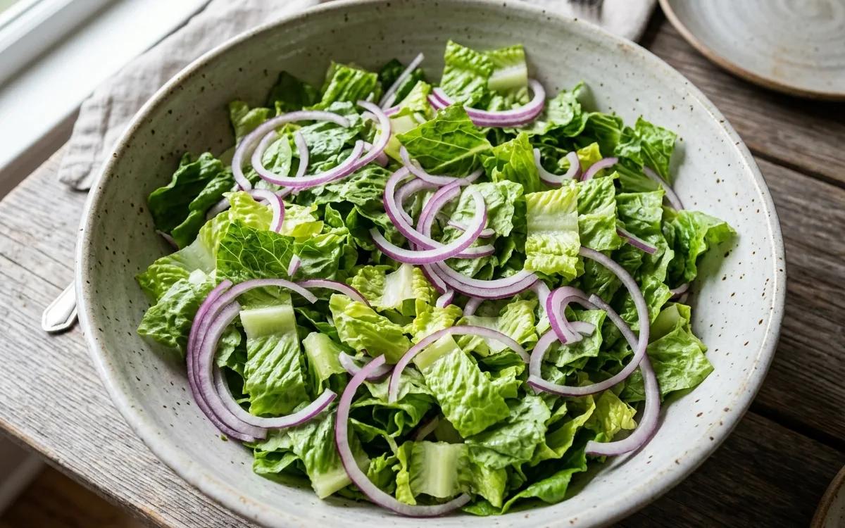 Step 6: Place chopped romaine and red onion in a large serving bowl.