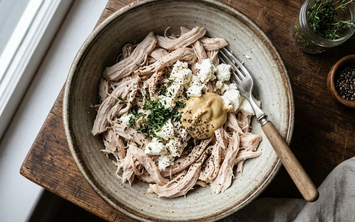 Step 2: In a medium bowl, combine the shredded chicken, goat cheese,