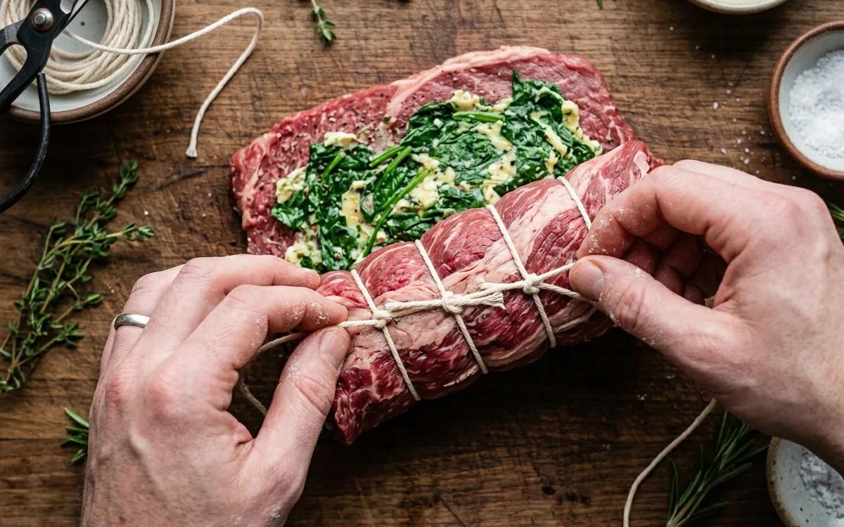 Step 5: Roll the beef tightly into a cylinder and secure it at one-i
