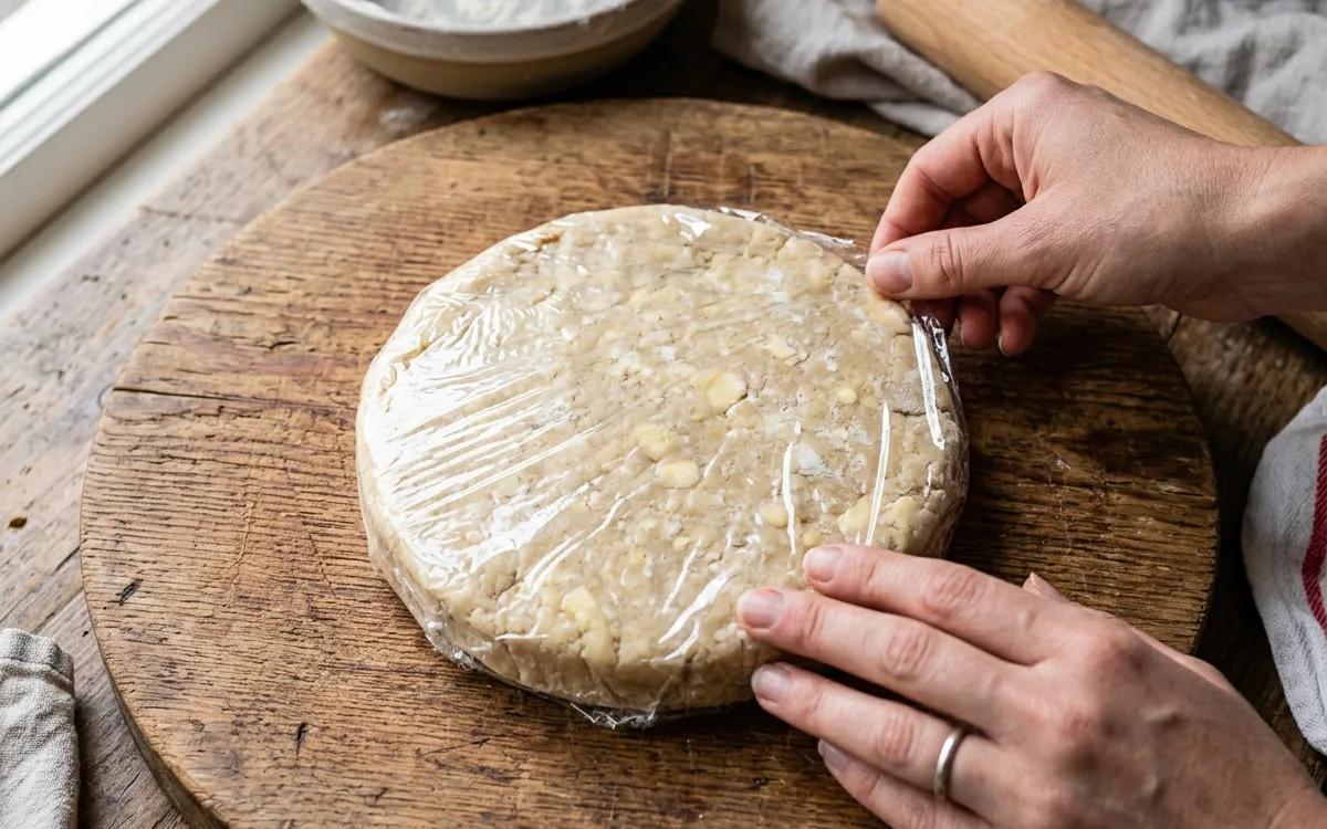 Step 3: Form the dough into a disk, wrap it in plastic, and chill fo