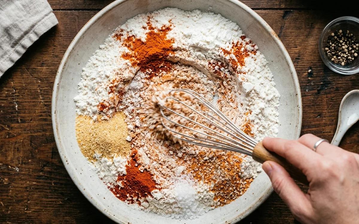 Step 4: Whisk the flour, cornstarch, salt, garlic powder, paprika, a