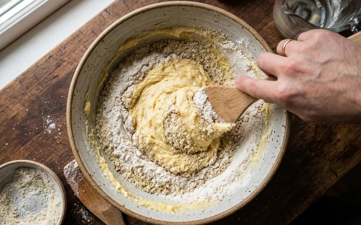 Step 5: Fold the flour, almond flour, and baking powder into the but