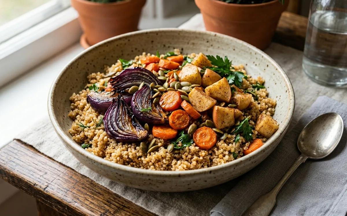 Oven Roasted Quinoa with Spiced Apples, Carrots, and Red Onions — American dinner recipe