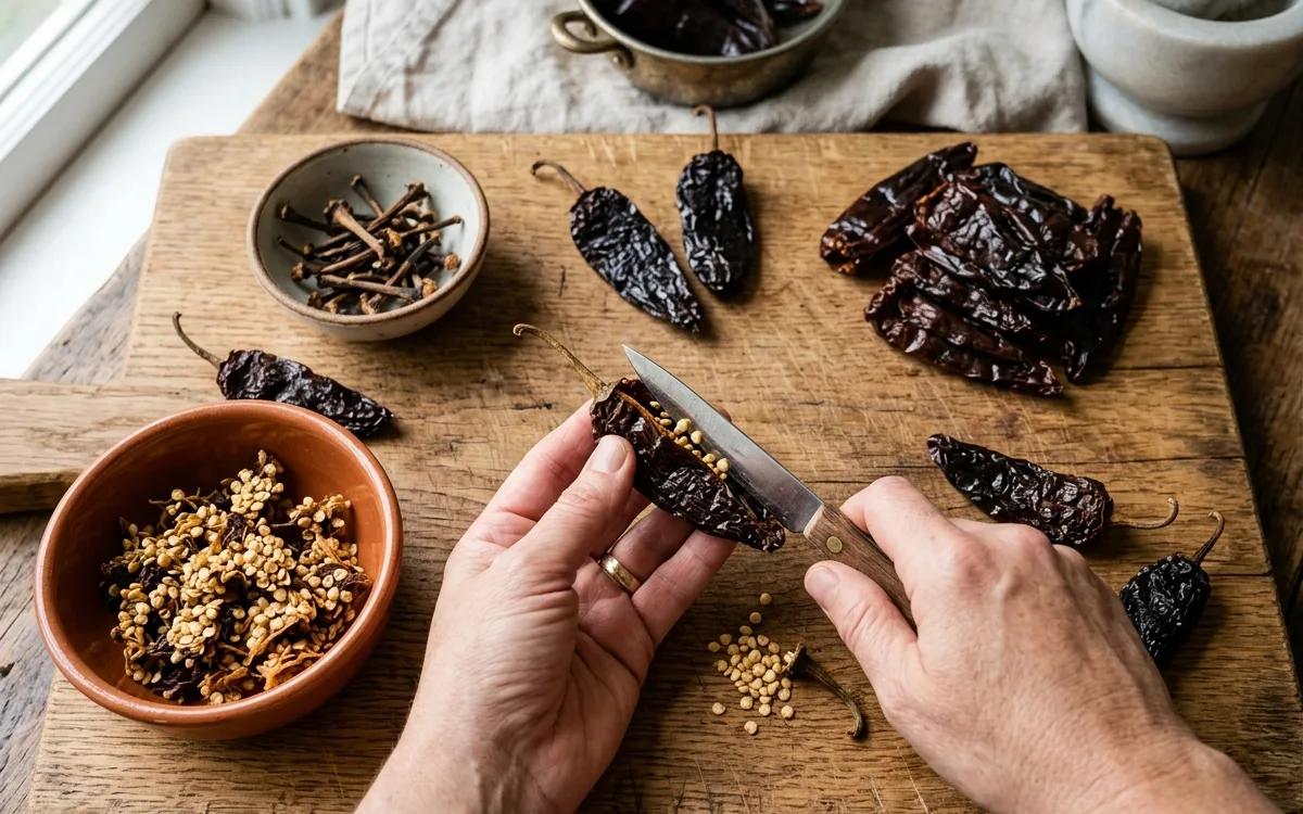 Step 1: Remove the stems and seeds from the dried chipotle peppers.