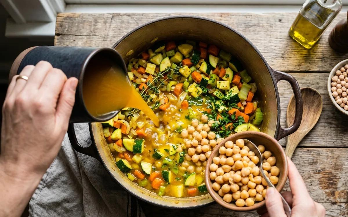 Step 4: Pour in the vegetable broth and add the chickpeas.