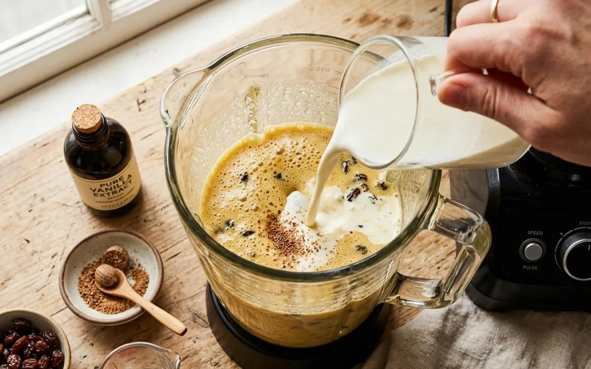 Step 3: Pour the milk, heavy cream, vanilla, and nutmeg into the ble
