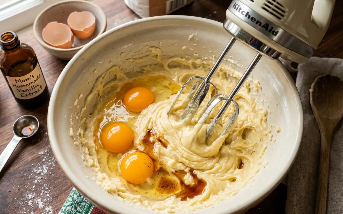 Step 2: Add the eggs and vanilla, then beat until well combined.