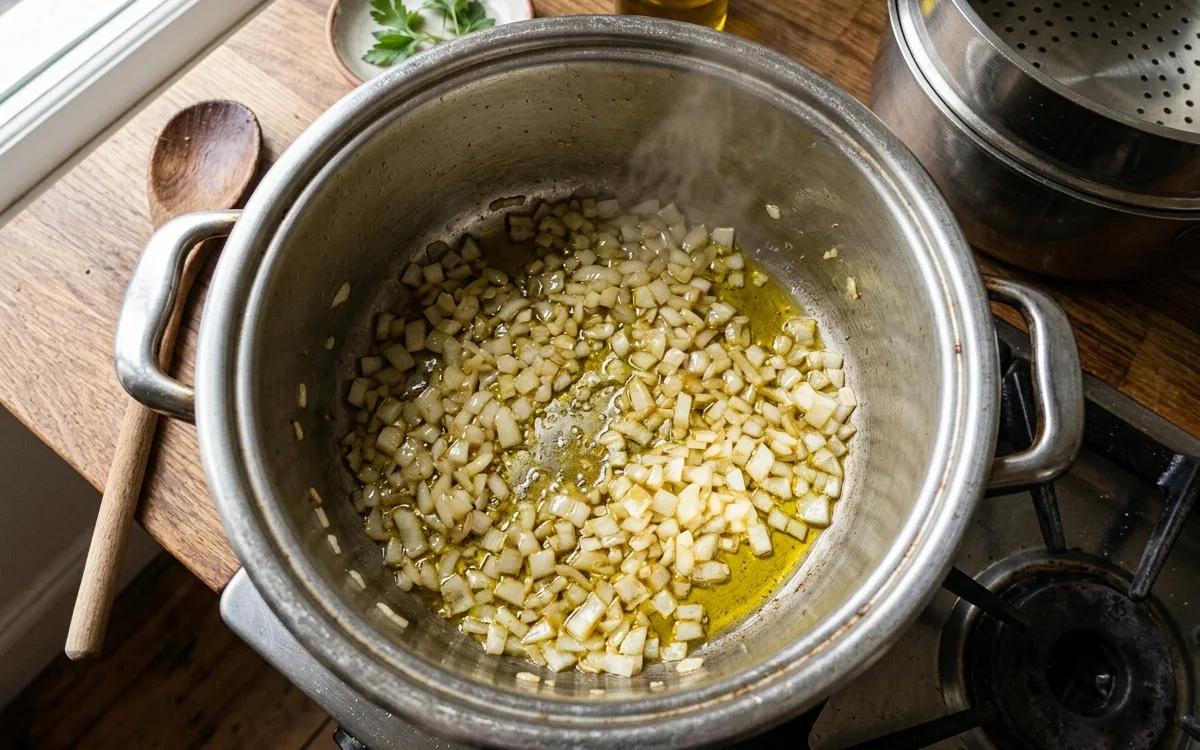 Step 1: Sauté the diced onions in olive oil in the base of a couscou