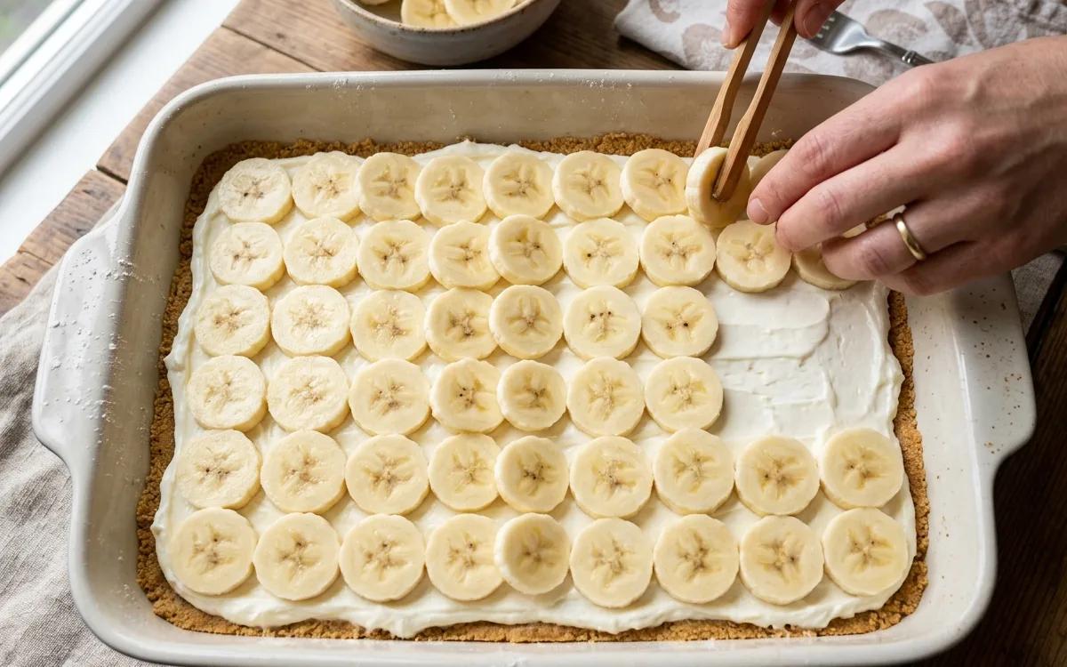 Step 7: Arrange the banana slices in a single layer over the cream c