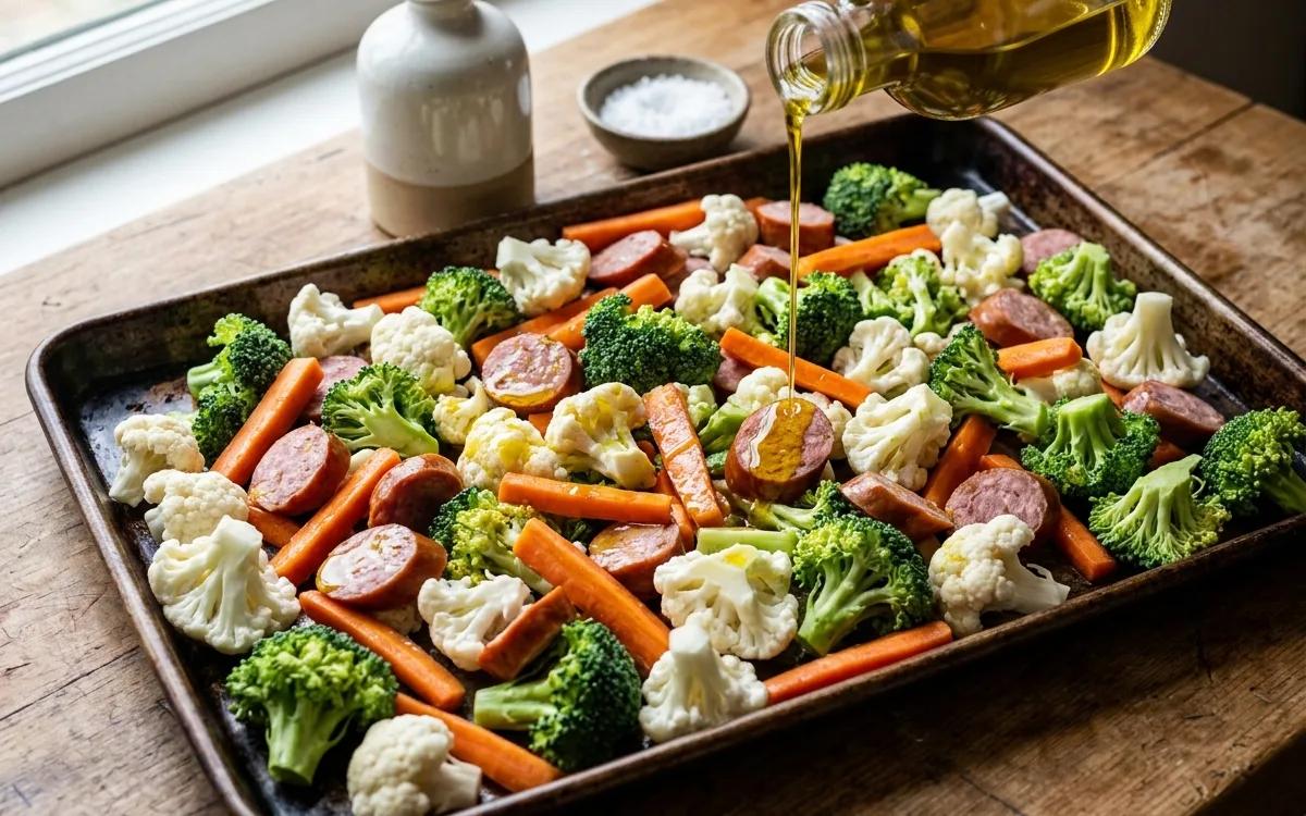 Step 3: Drizzle the vegetables and sausage with olive oil.