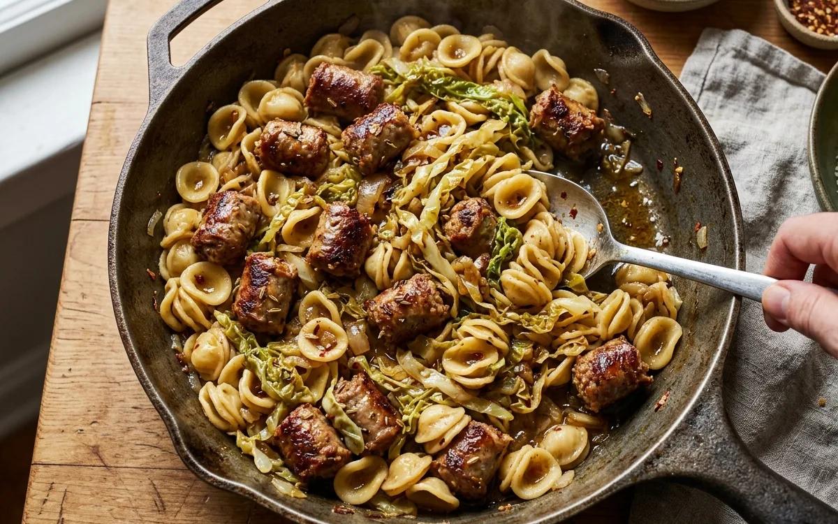 Step 8: Return the sausage to the pan and add the cooked pasta.
