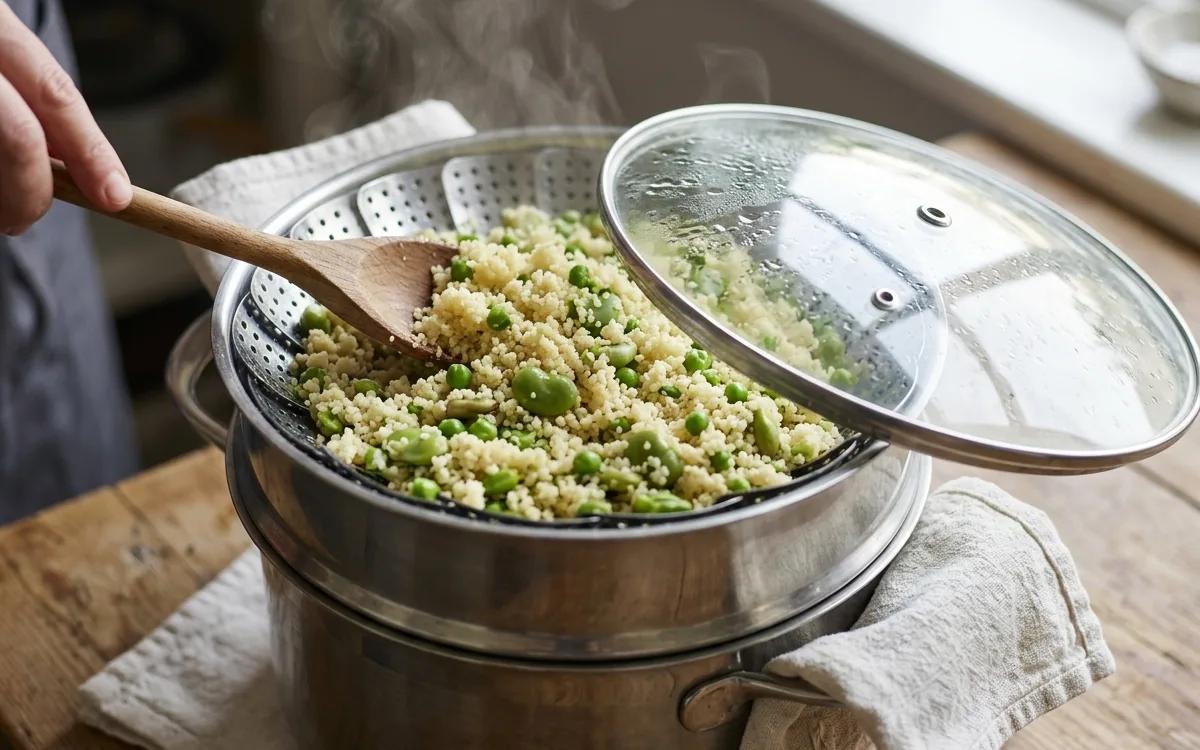 Step 8: Return the couscous to the steamer basket, cover, and steam 
