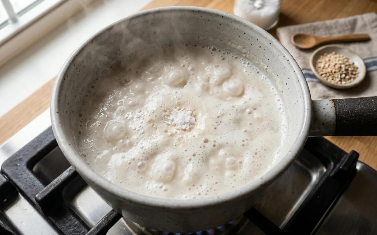 Step 1: Bring the almond milk and a pinch of salt to a gentle boil i