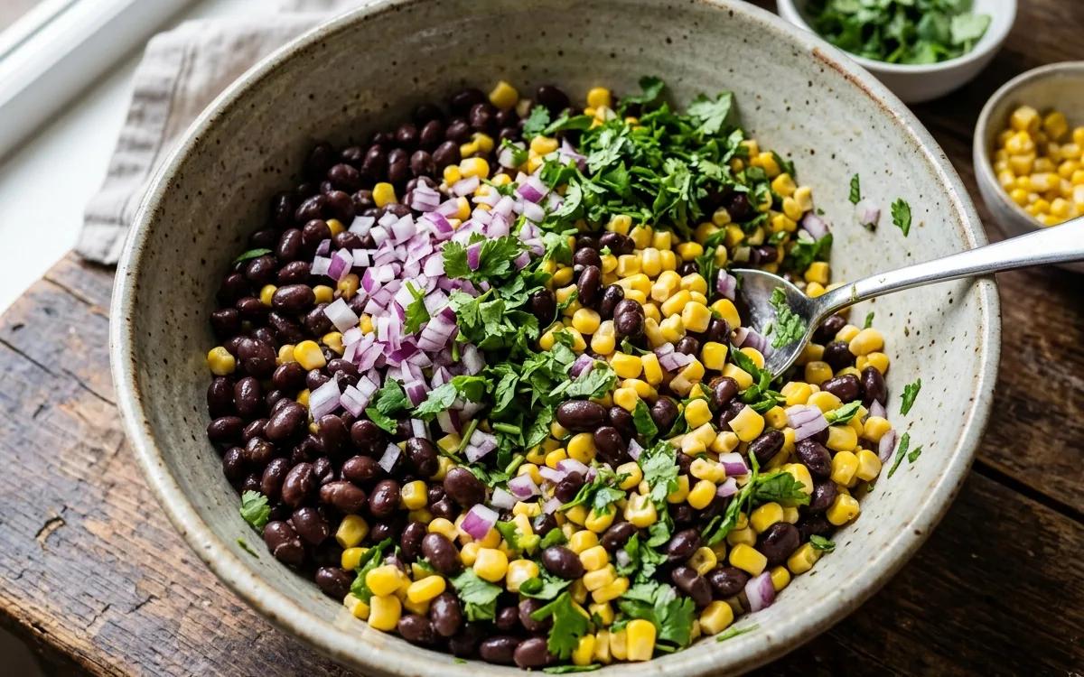 Step 2: Combine the black beans, corn, red onion, and cilantro in a