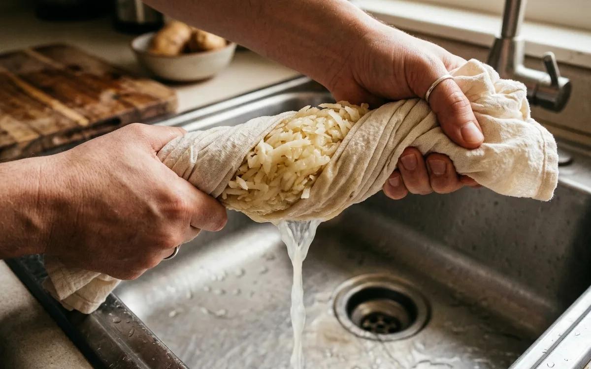 Step 2: Place the shredded potatoes in a clean kitchen towel and wri