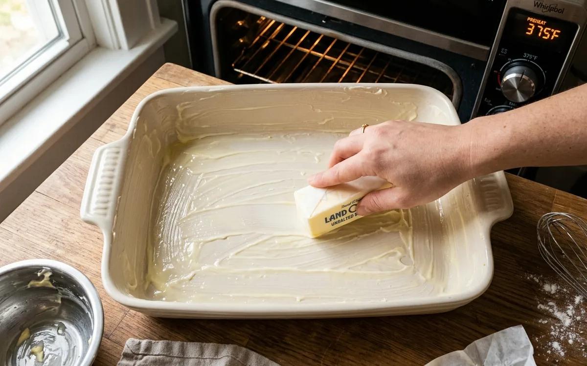 Step 1: Preheat your oven to 375 degrees Fahrenheit and grease a 9x1