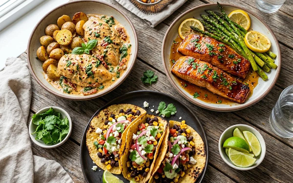 A spread of delicious air fryer meals including tacos, salmon, and chicken on a wooden dining table.