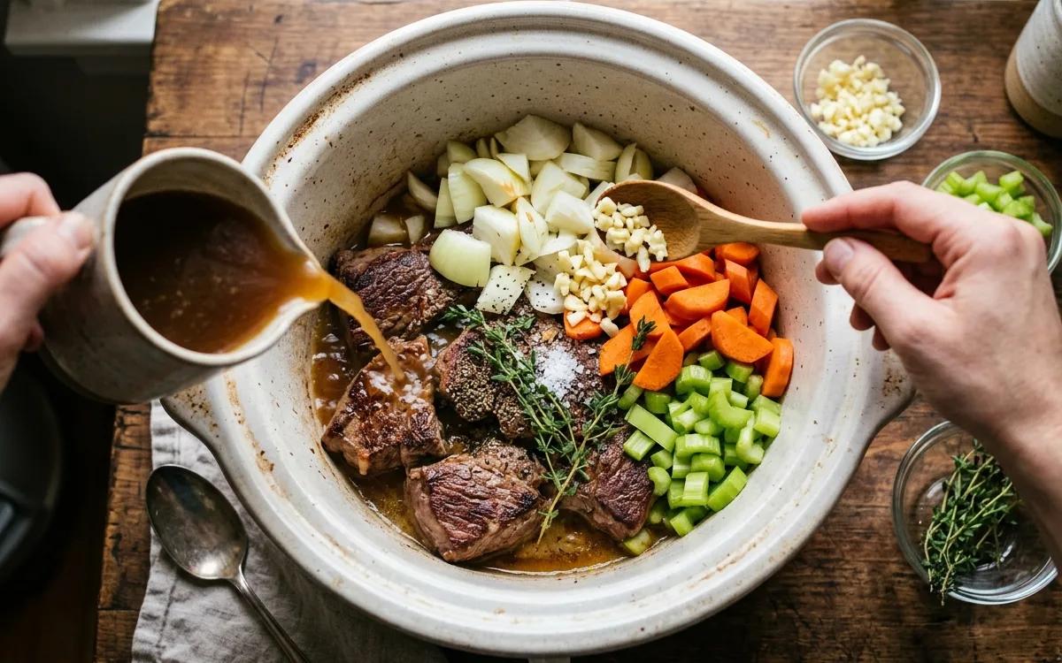 Step 3: Add onion, garlic, carrots, celery, broth, thyme, salt, and 