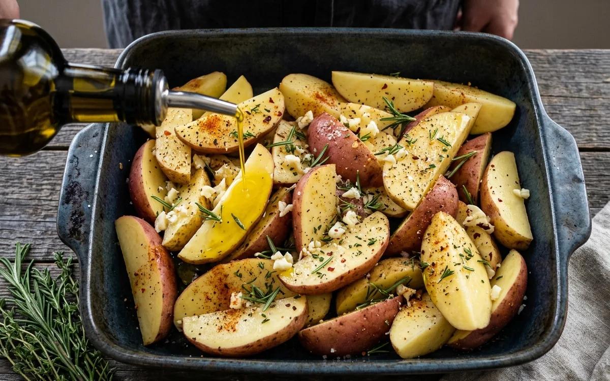 Step 3: Drizzle the olive oil over the potatoes.