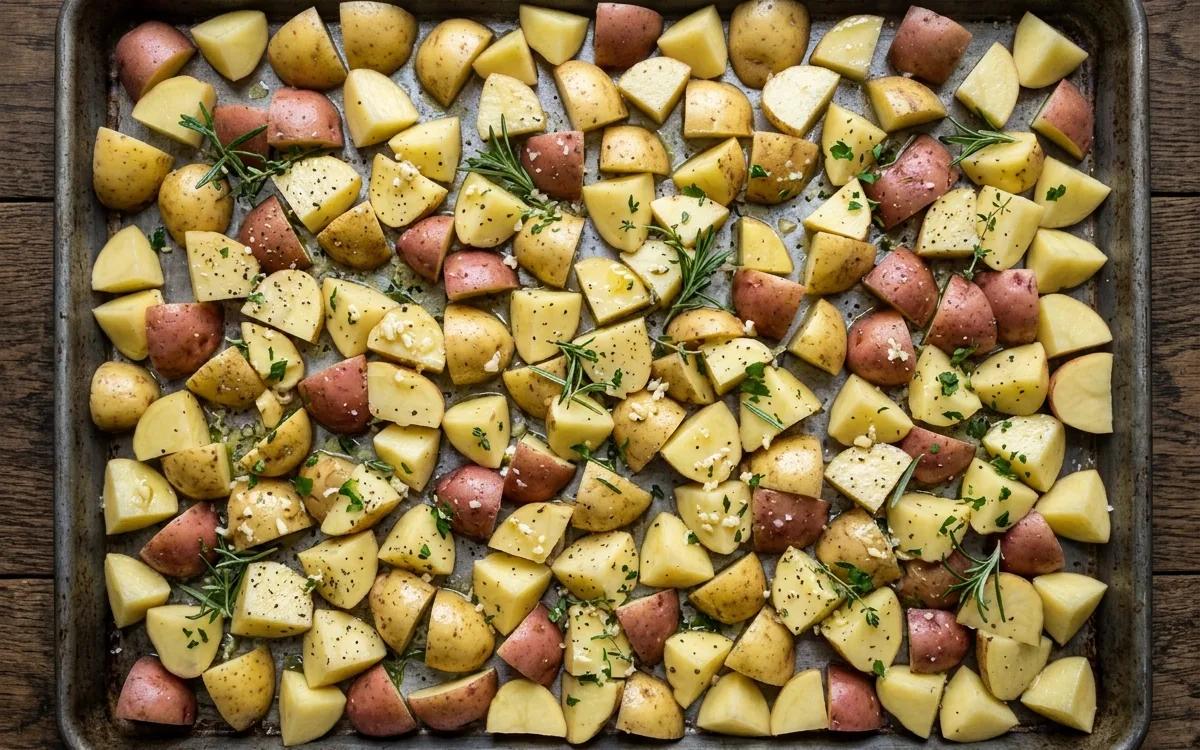 Step 2: Place the potato chunks on a large rimmed baking sheet.