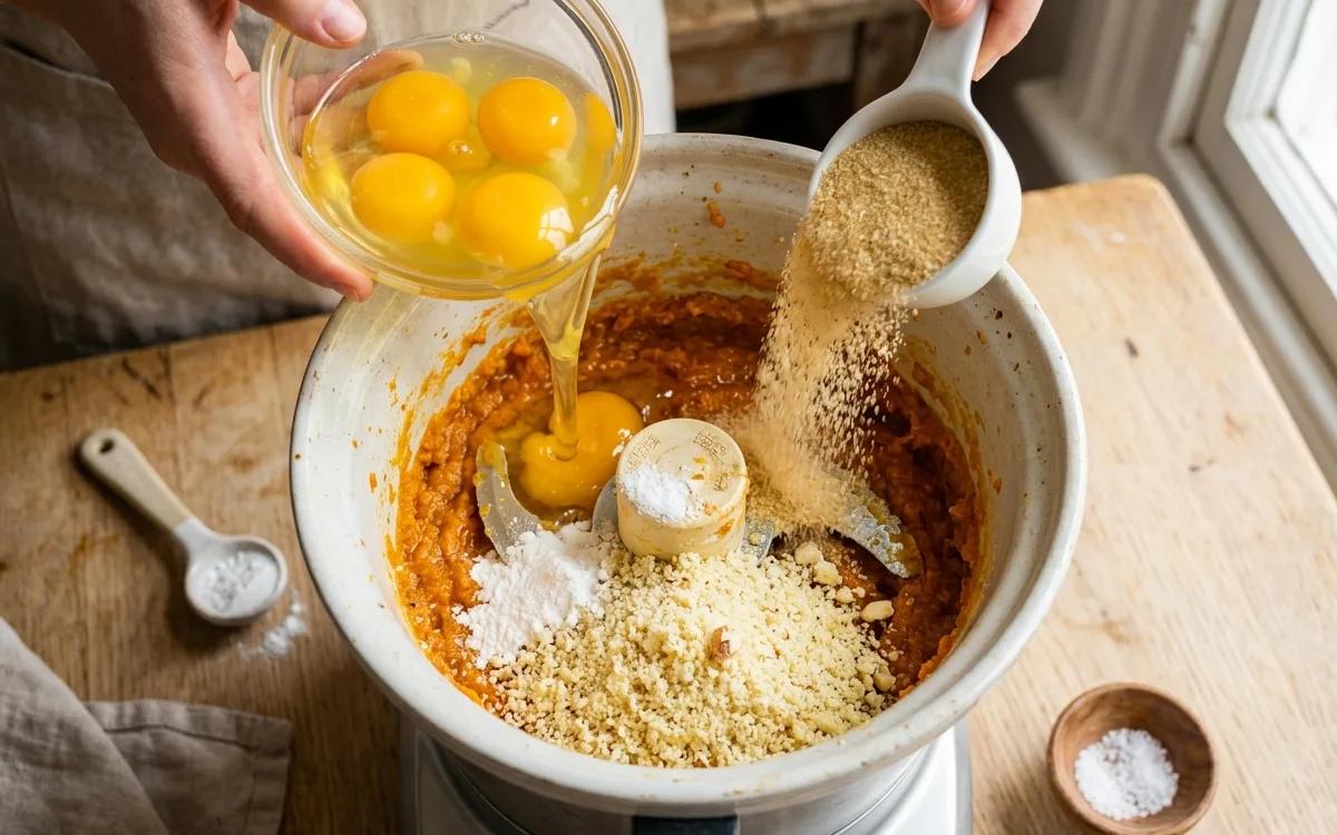 Step 5: Add the eggs, sugar, ground almonds, baking powder, and salt
