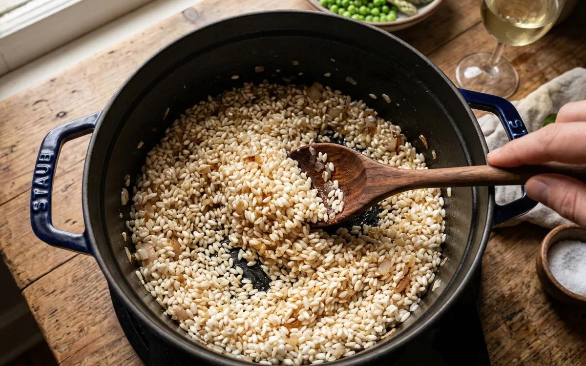 Step 4: Stir in the rice and toast it for 2 minutes until the edges