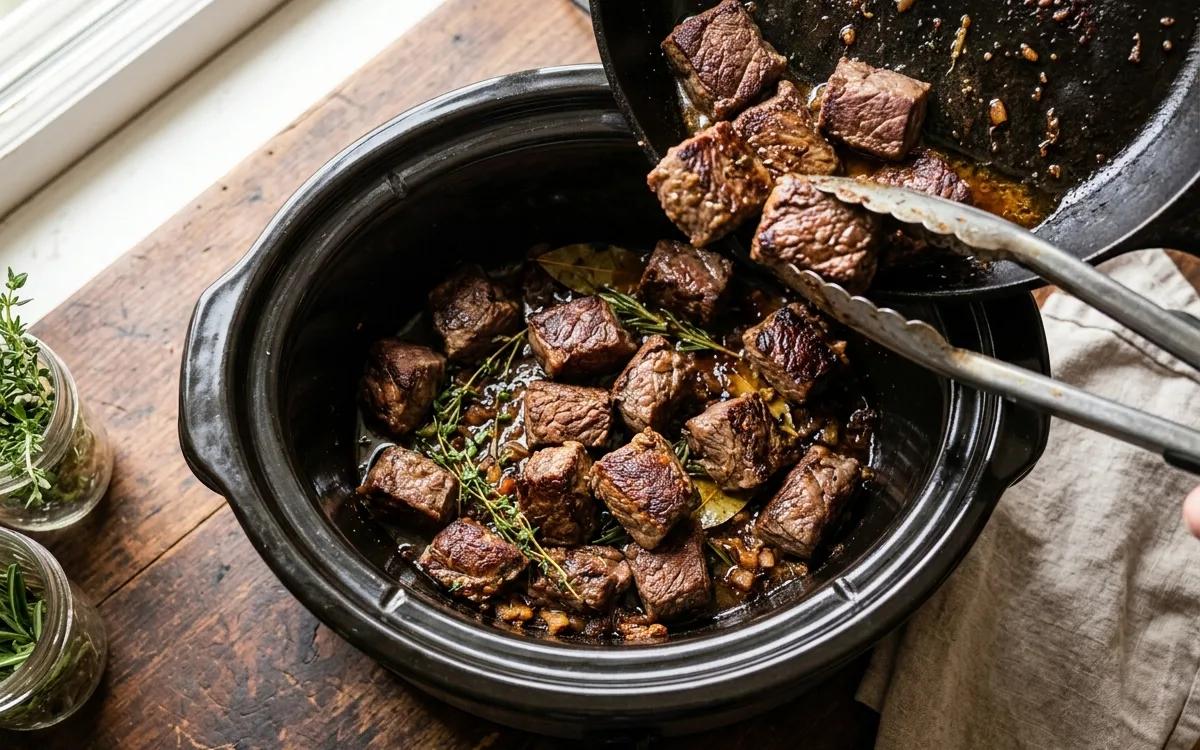 Step 3: Transfer the browned beef into the slow cooker.