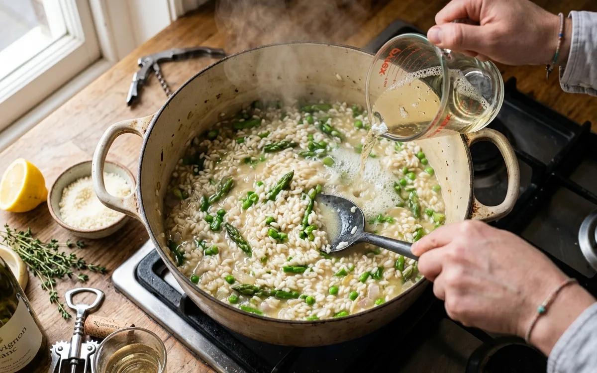 Step 5: Pour in the white wine and stir constantly until it has full