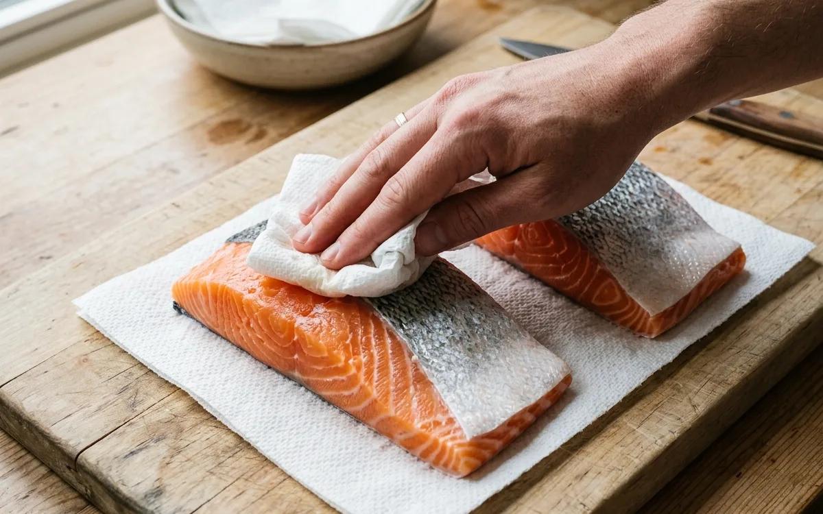 Step 1: Pat the salmon fillets thoroughly dry with paper towels.
