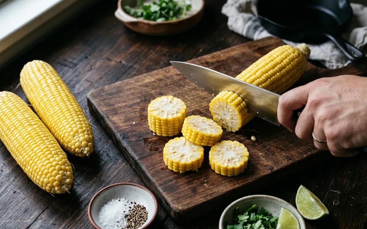 Step 1: Use a sharp knife to cut each ear of corn into three or four