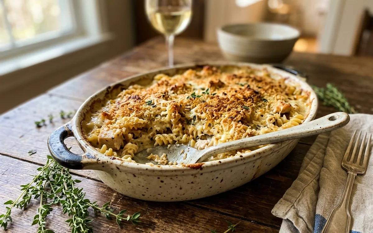 A golden, bubbling cream of chicken and pasta bake in a stoneware dish with fresh thyme garnish.