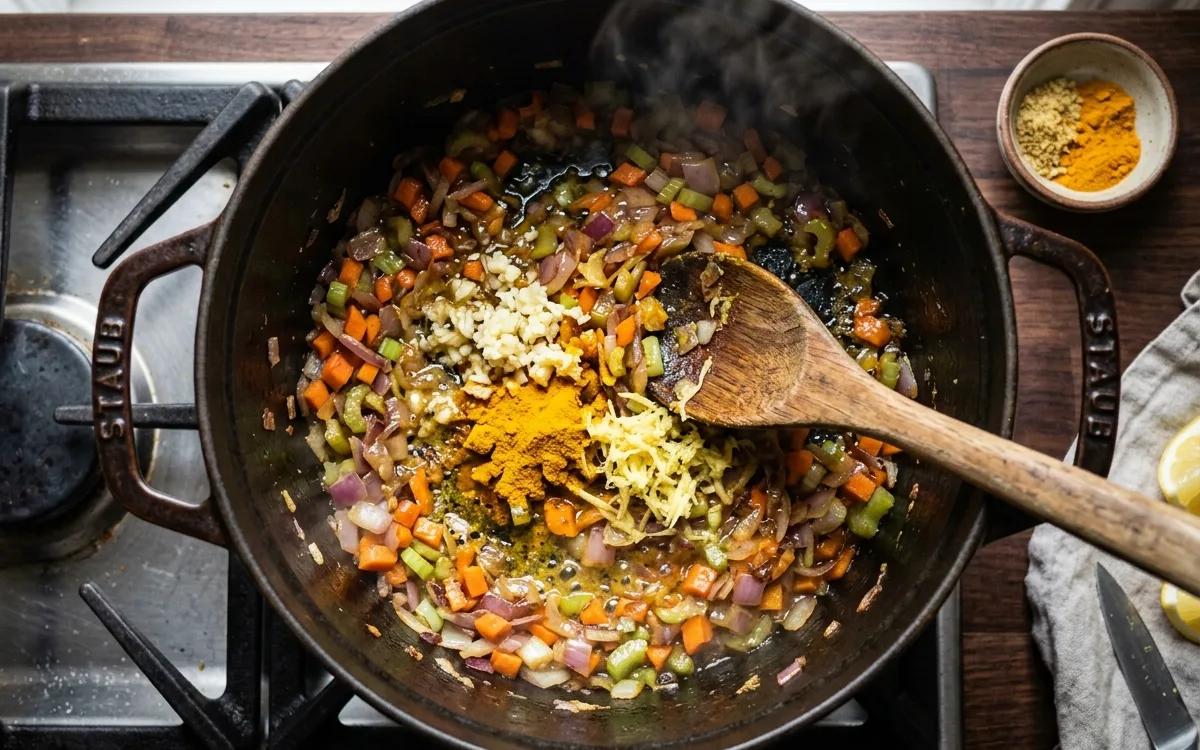 Step 3: Stir in garlic, turmeric, and ginger, cooking for one minute