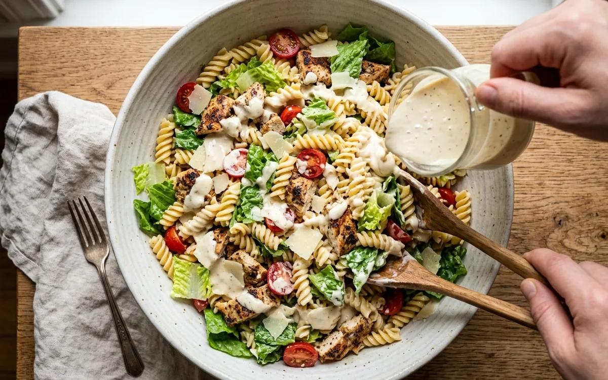 Step 5: Pour the Caesar dressing over the mixture and toss until eve