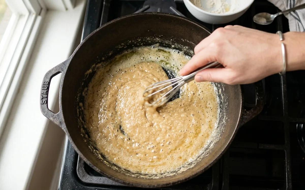 Step 4: Whisk in the flour and cook for one minute until it smells l