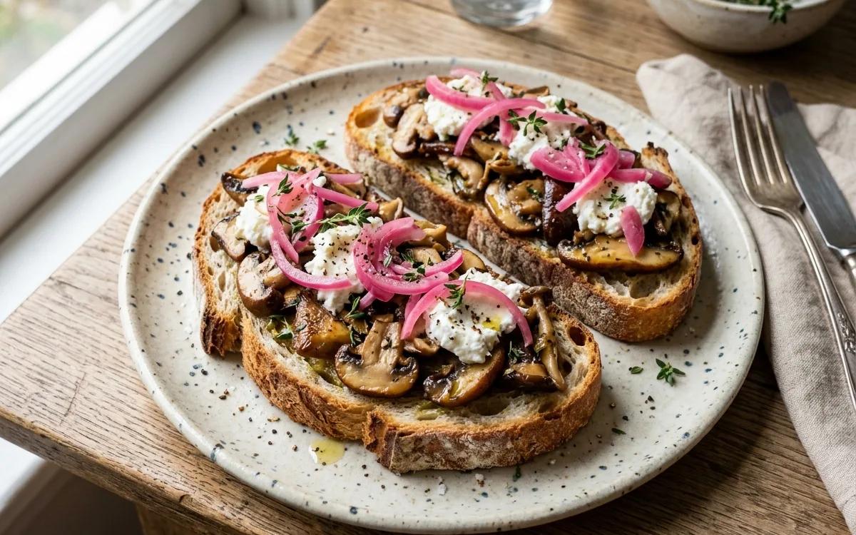 Mushroom and goat cheese tartines topped with pickled red onions on a ceramic plate.