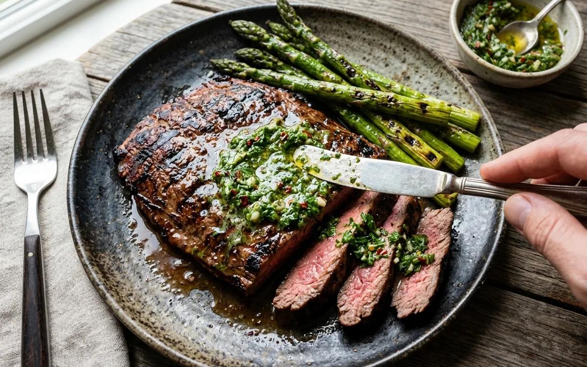 Step 7: Spread half the chimichurri butter over the hot steak and le