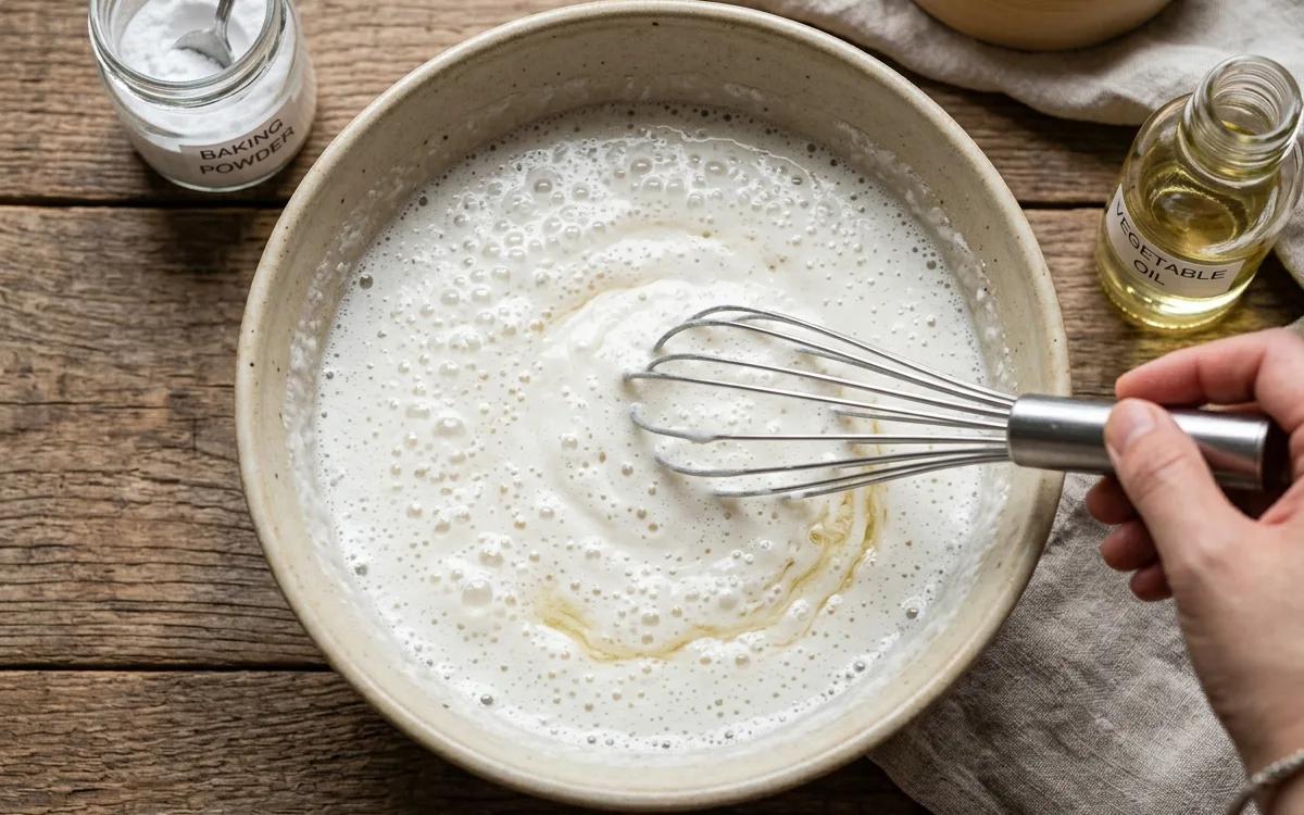 Step 4: Mix in the baking powder and vegetable oil until bubbles for