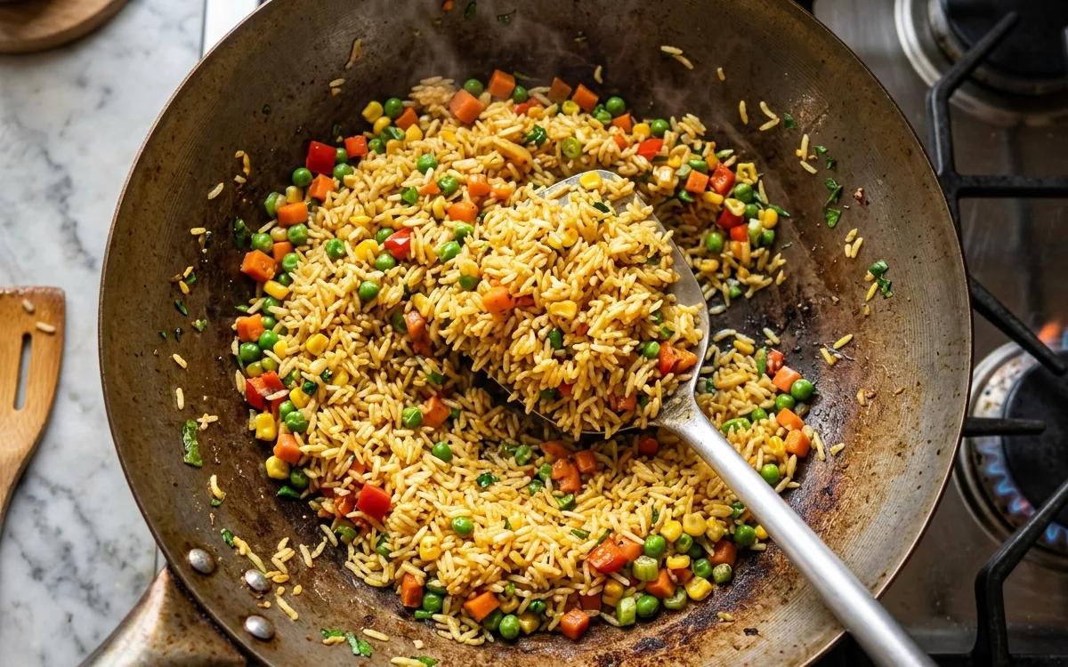 Step 4: Add the cold rice to the pan and stir-fry until the grains a
