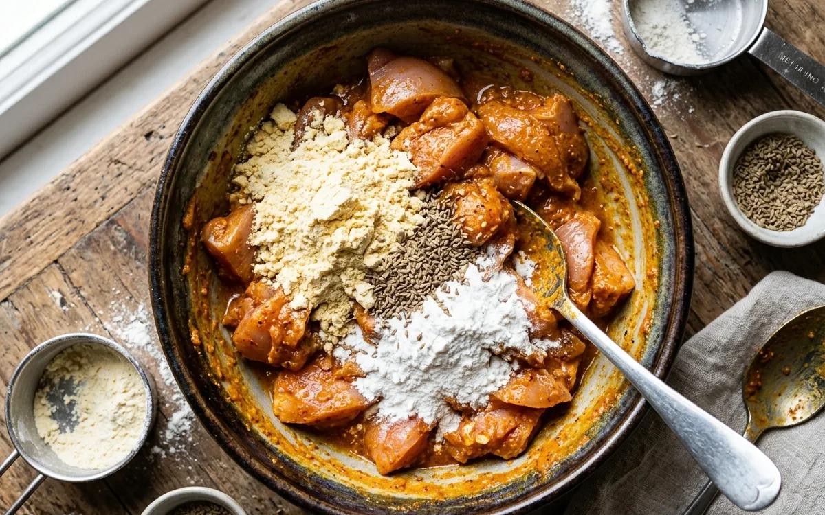 Step 3: Add chickpea flour, rice flour, and carom seeds to the bowl.