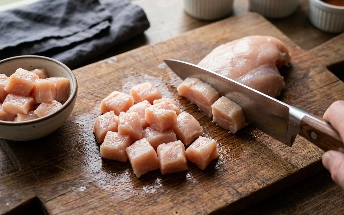 Step 1: Cut the chicken breasts into bite-sized cubes, roughly one i