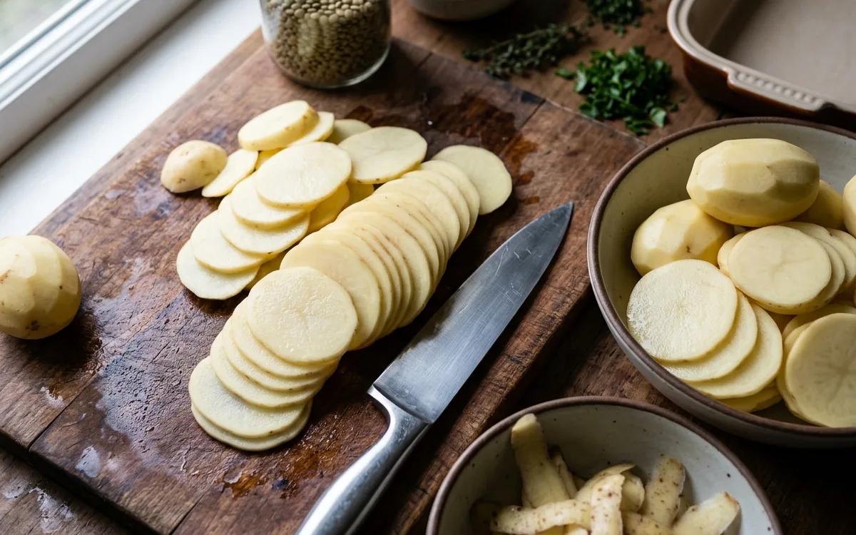 Step 6: Peel the potatoes and slice them into thin rounds.