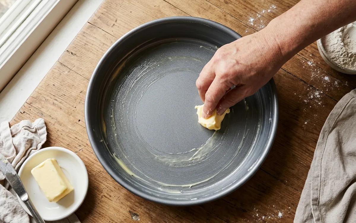 Step 3: Grease a 9-inch round cake pan with butter or oil.