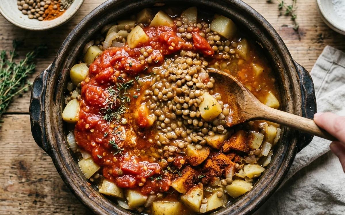 Step 4: Stir in the lentils, crushed tomatoes, vegetable broth, thym