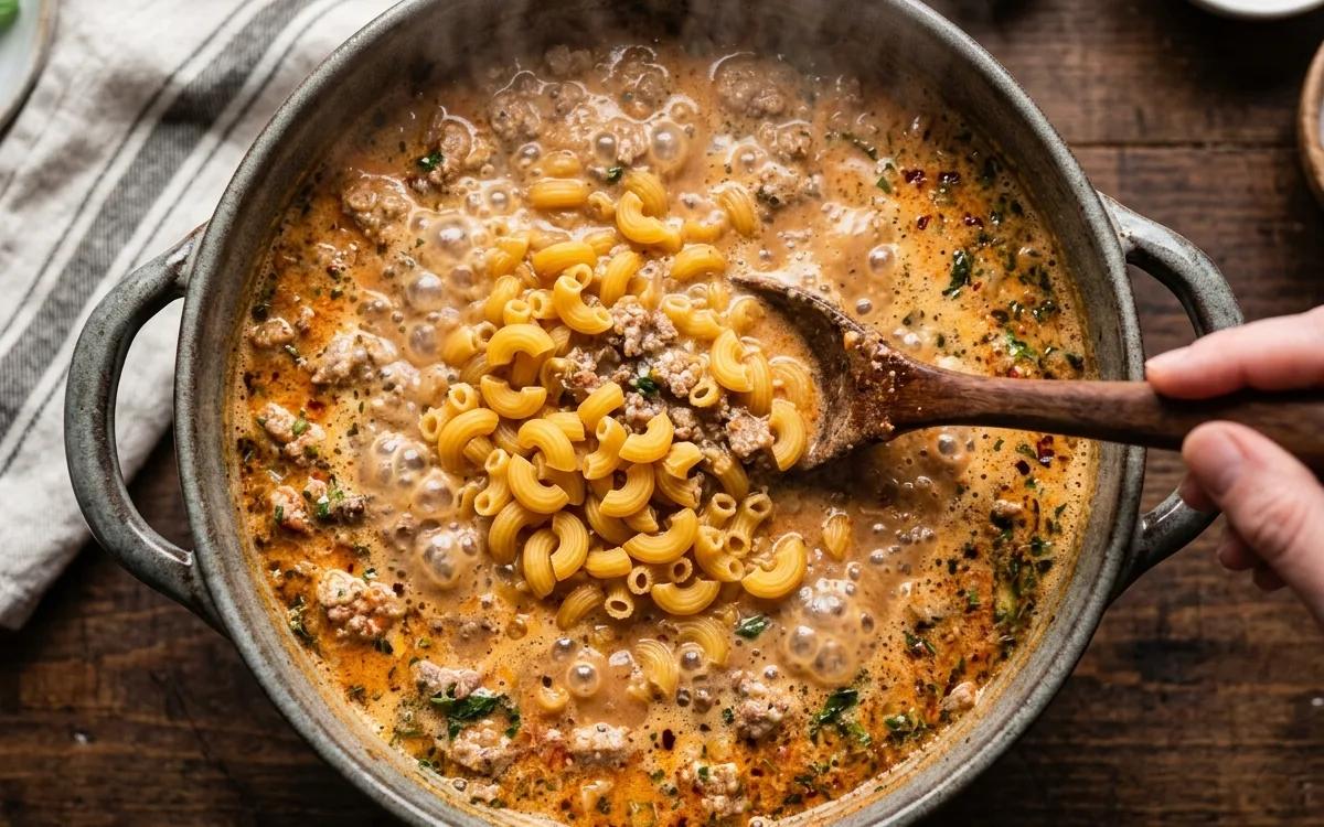 Step 5: Bring the liquid to a boil and stir in the dry macaroni.